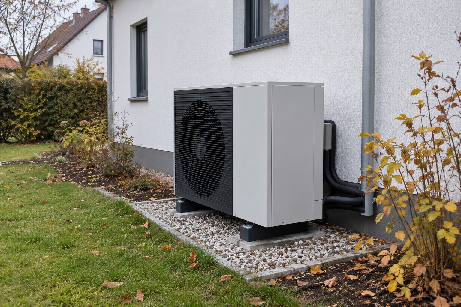 Luftwärmepumpe neben einem Wohnhaus – KI-generiertes Symbolbild
